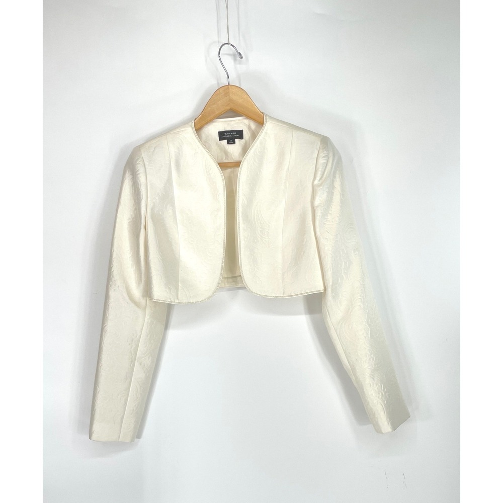 Tahari Women Bolero 2 Cropped Jacket Boho Glam Ivory Paisley Jacquard Beaded